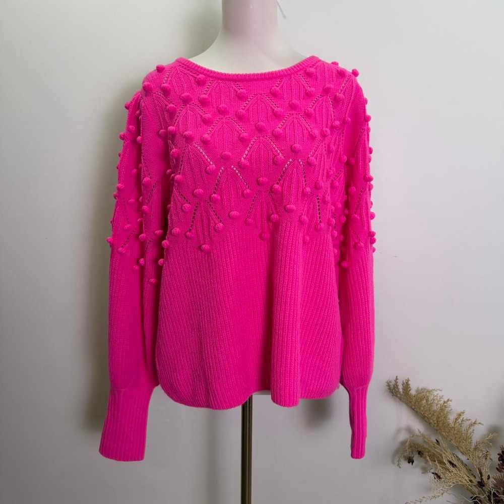 Lilly Pulitzer Womens XL Hot Pink Pom Pom Cable Knit Sweater Pointelle Pullover